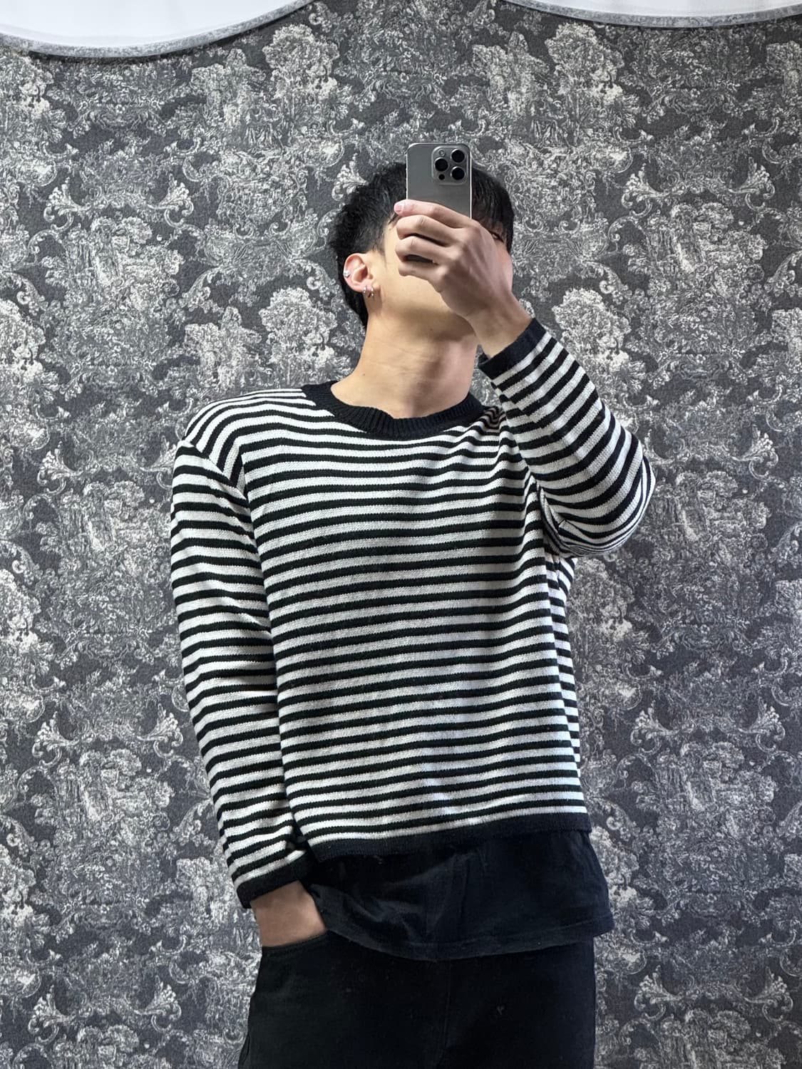 vintage 빈티지 크롭 스트라이프 니트 (블랙) 상품이미지1