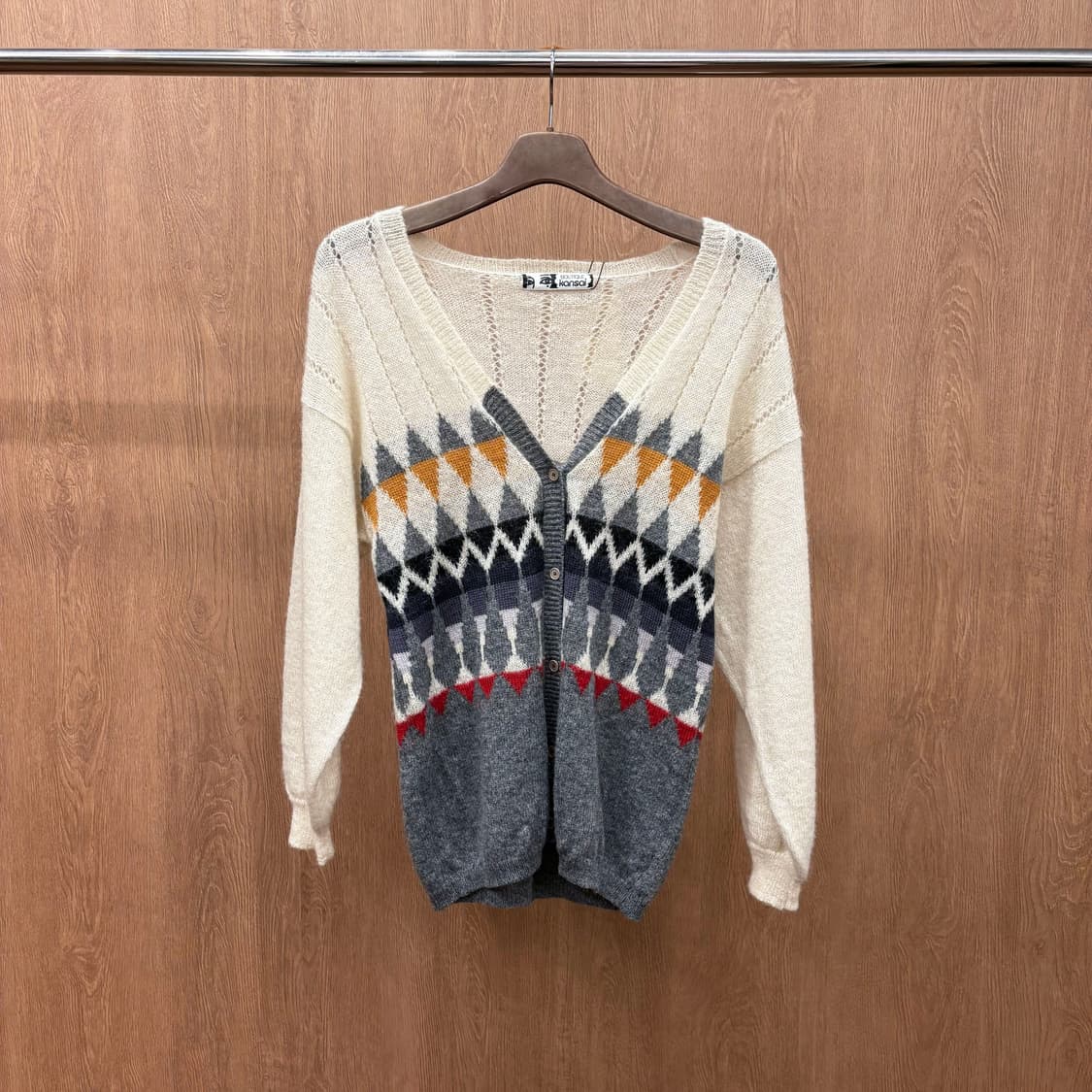 JPN 브이넥 긴팔 니트 가디건 기하학 패턴 버튼 디테일 아이보리 그레이 상품이미지2