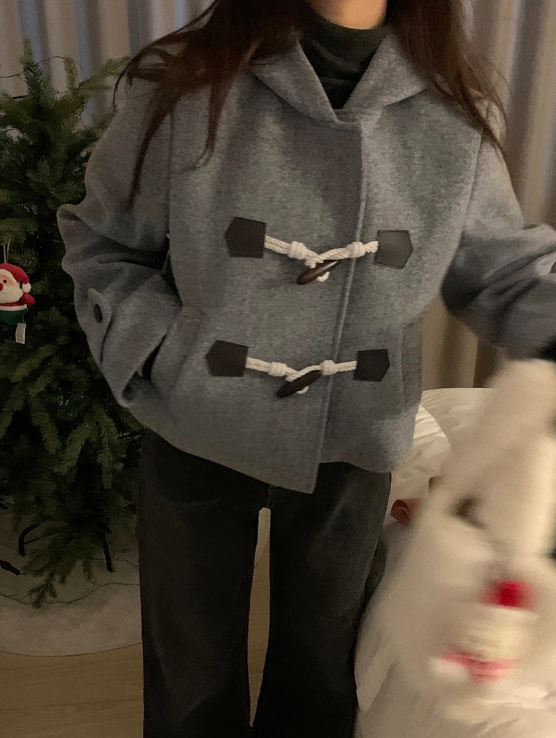 소녀레시피 헤이즐 더플 떡볶이 후드 숏 코트 그레이  상품이미지2