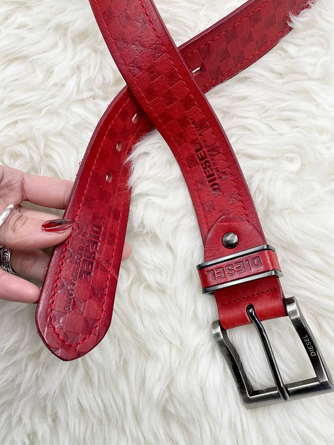 디젤 리얼레더 레드 체크 로고 버클 벨트 상품이미지6