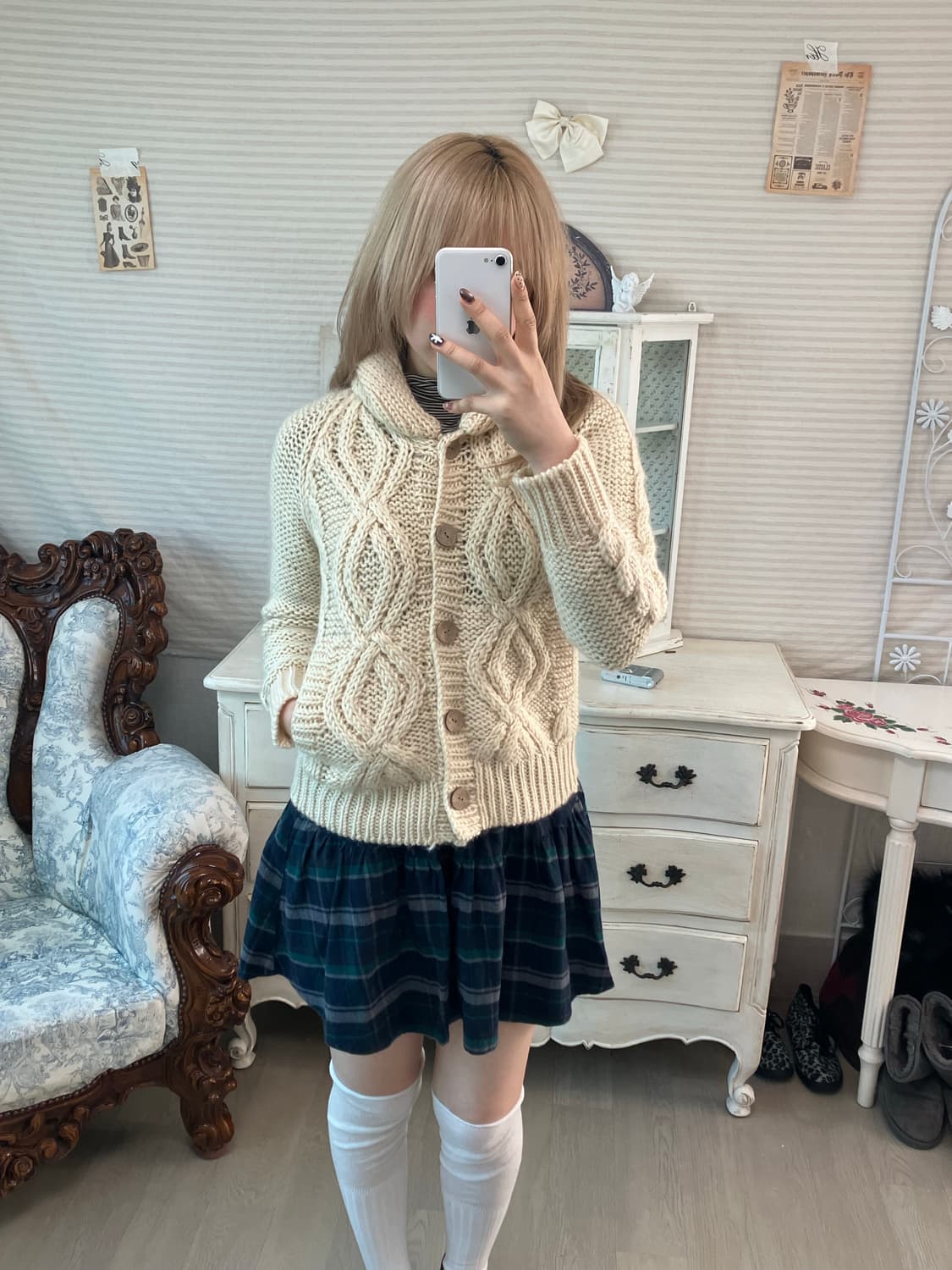 일본빈티지 캉캉 네이비/그린 체크 스커트 상품이미지2