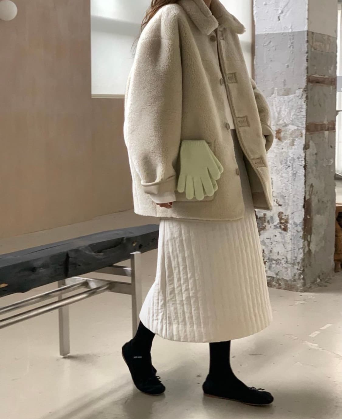 브런치 패딩 퀄팅 롱 스커트 아이보리 S 상품이미지1