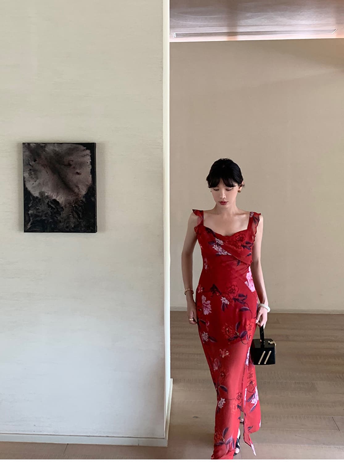 레드 플라워 쉬폰 슬릿 원피스 상품이미지1