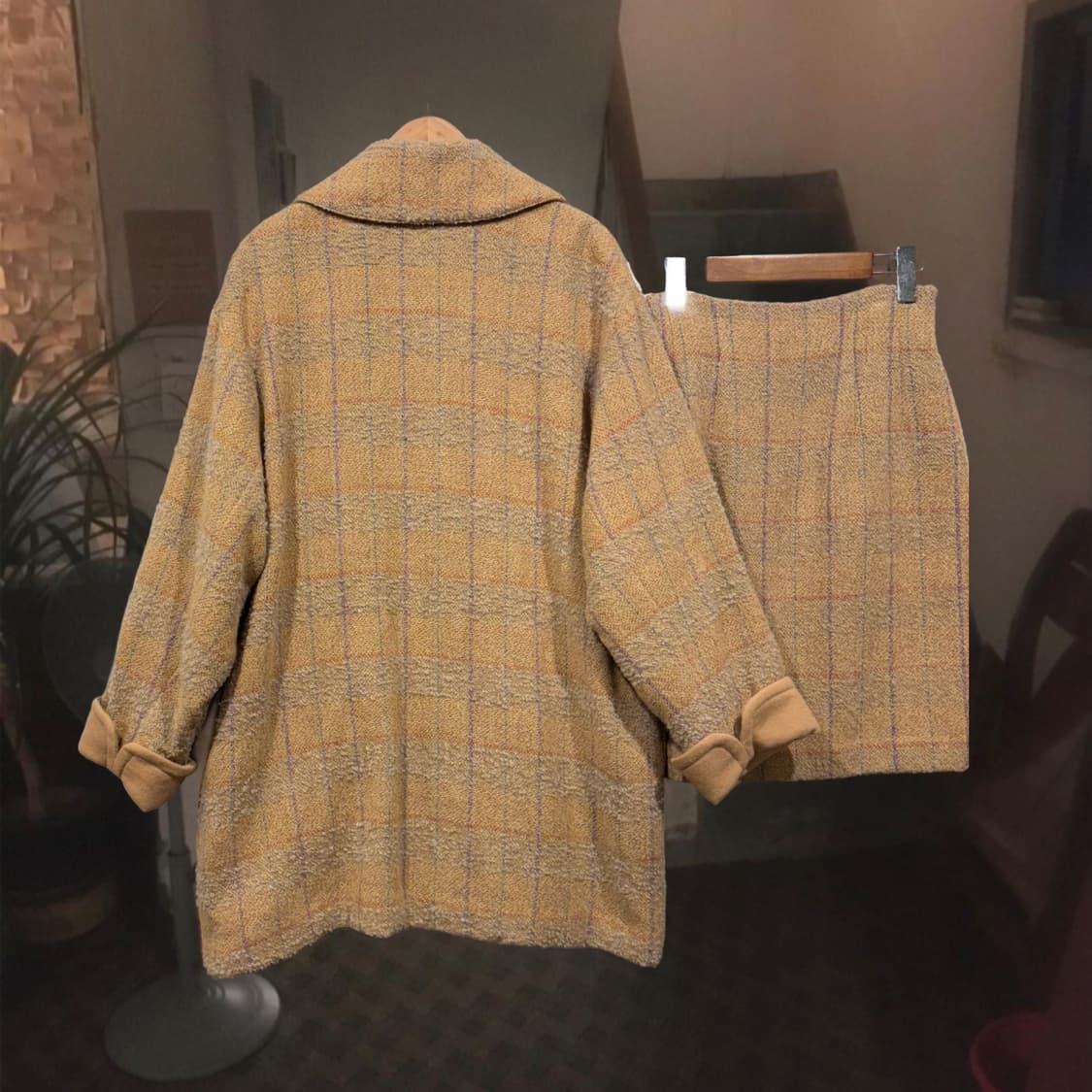 일본 빈티지 루즈핏 부클 빅 카라 체크 더플 울 자켓 투피스 셋업 상품이미지2