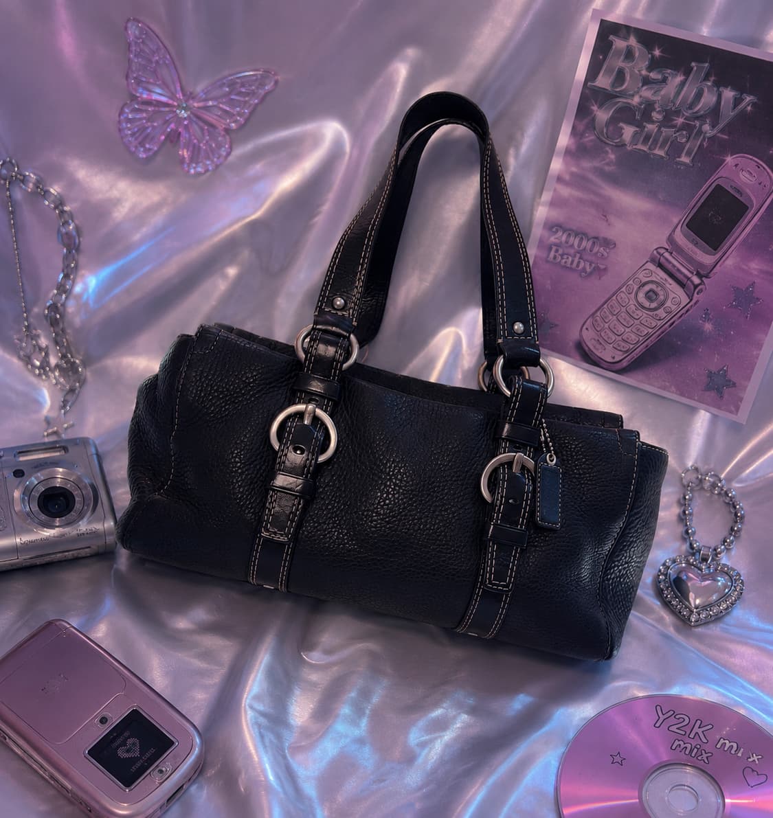 펄스🖤//COACH 코치 빈티지 실버 버클 블랙 레더 숄더백 y2k 상품이미지1