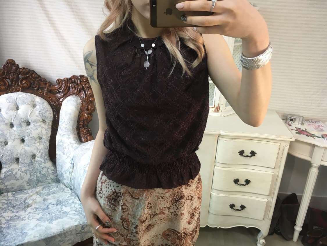 brown lace shirring sheer blouse 상품이미지1