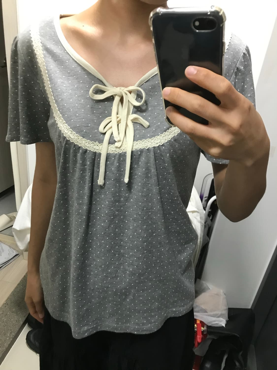 빈티지 땡땡이 레이스 리본 반팔티 상품이미지2