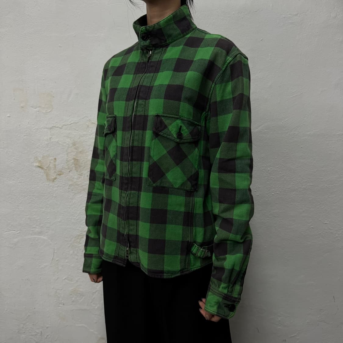 빔즈(BEAMS) 그린컬러 체크패턴 코튼 하이넥 라운드 컷 자켓 상품이미지1