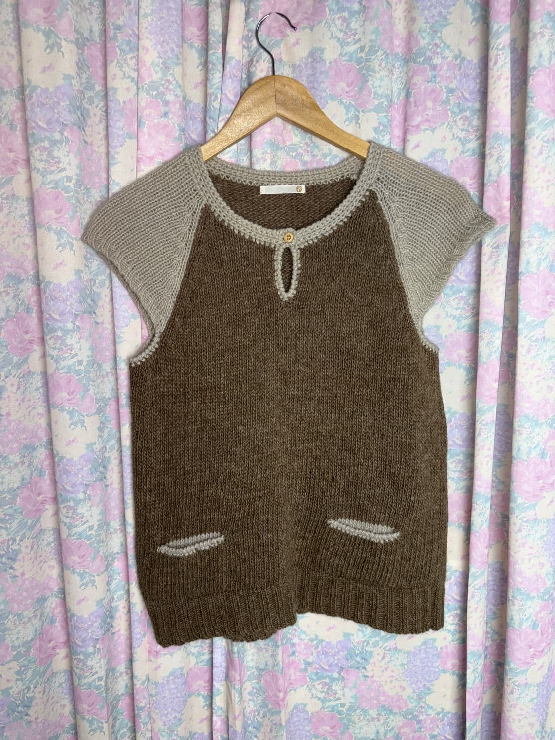 베이지 브라운 배색 반소매 니트 상품이미지6