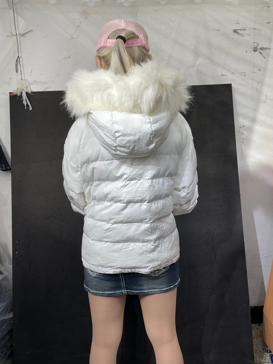 일본빈티지 울프죠 퍼 후드 화이트 패딩 점퍼 M 상품이미지4