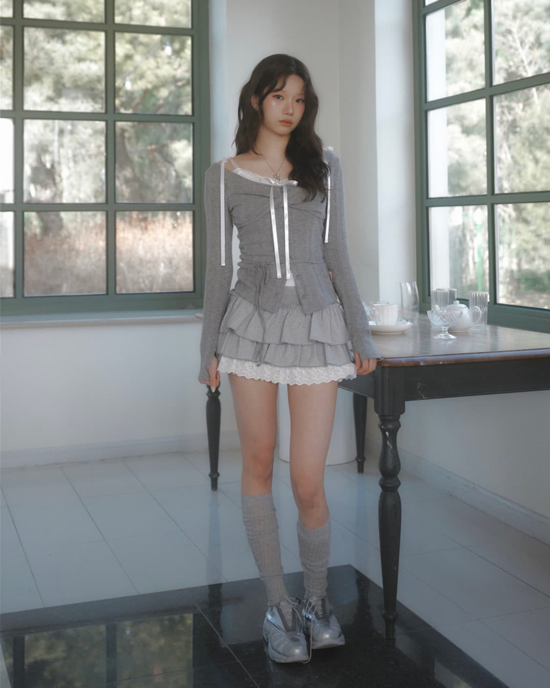 뉴얼린 버블 레이스 미니 스커트 그레이 S 상품이미지1