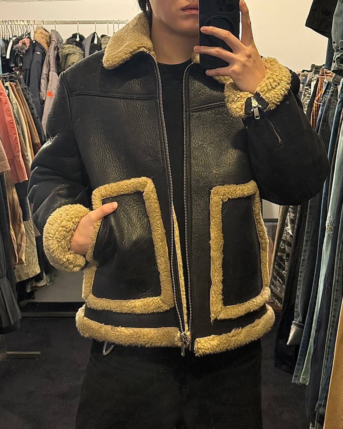 자라 무스탕 자켓 양털 레더 가죽 L 100 블랙 베이지 아이보리 바이커 상품이미지1