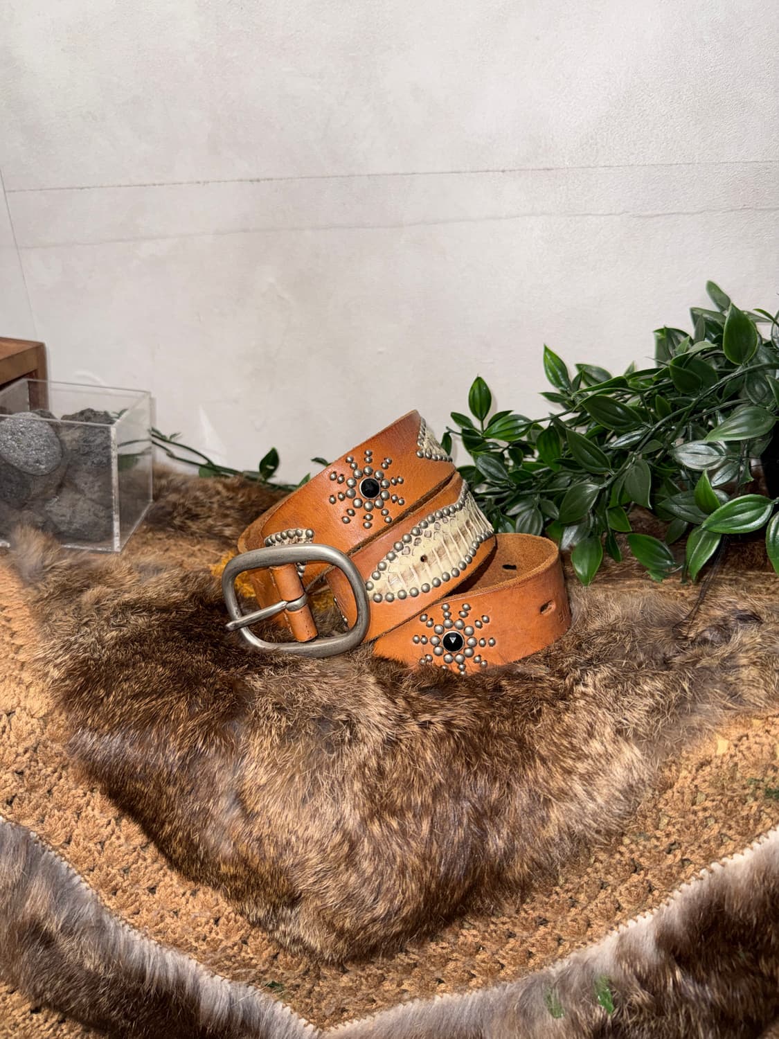 Brown western stud python leather belt 상품이미지3