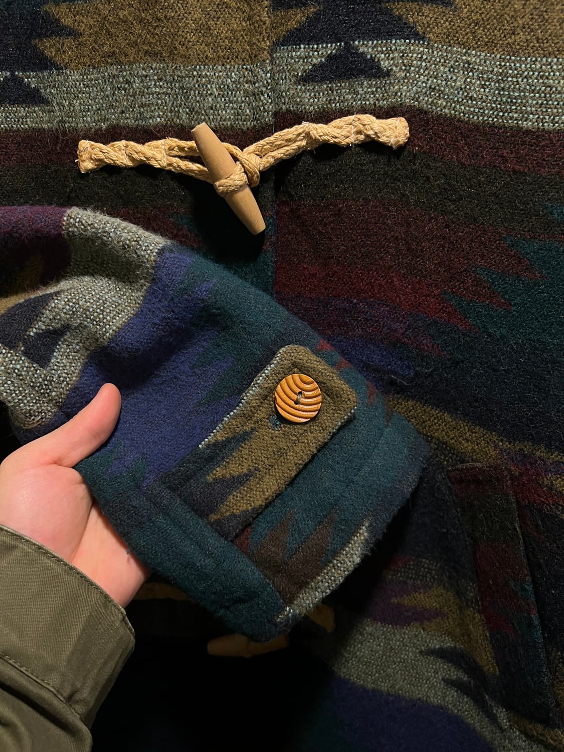 [M]90's JPN 빈티지 네이티브 패턴 울 후드 더플 코트 상품이미지5