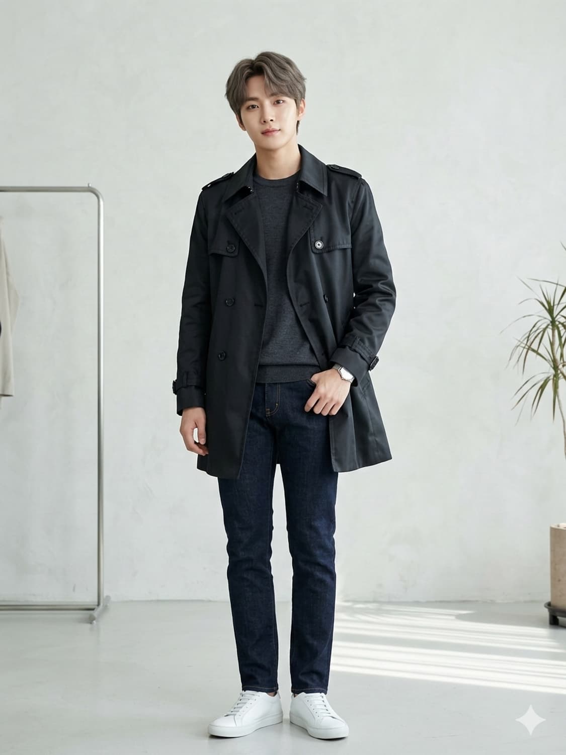 T.I FOR MEN 티아이포맨 실크 혼방 더블 트렌치 코트 블랙 상품이미지1