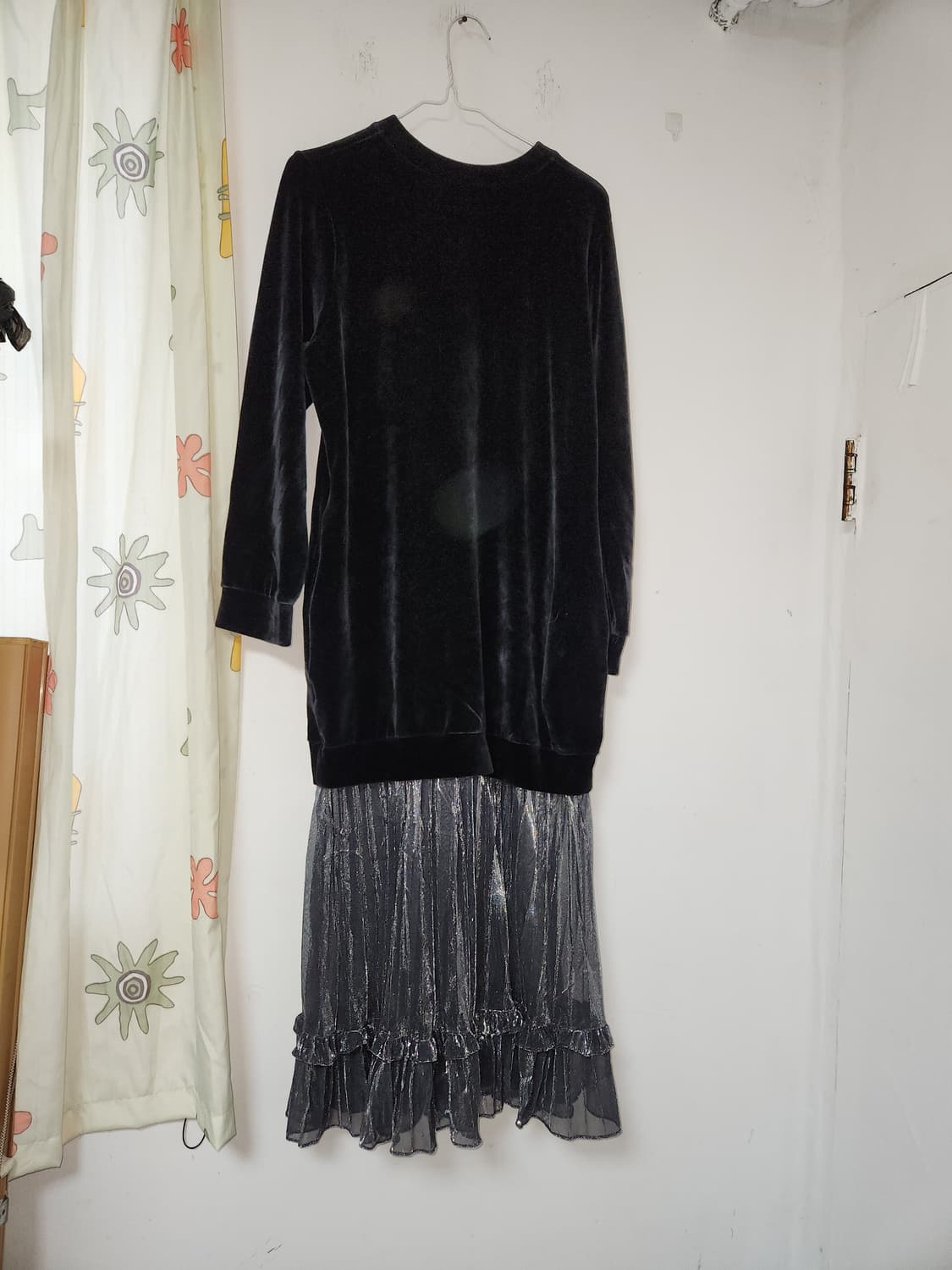 반짝이  쉬폰배색 롱 원피스 F(~77) 상품이미지4