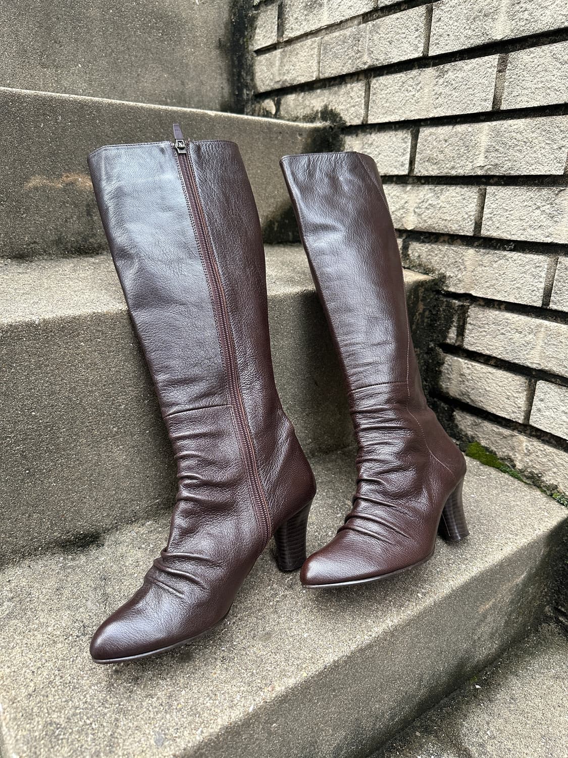 VIntage Brown Shirring Mid-Heel Boots 상품이미지4
