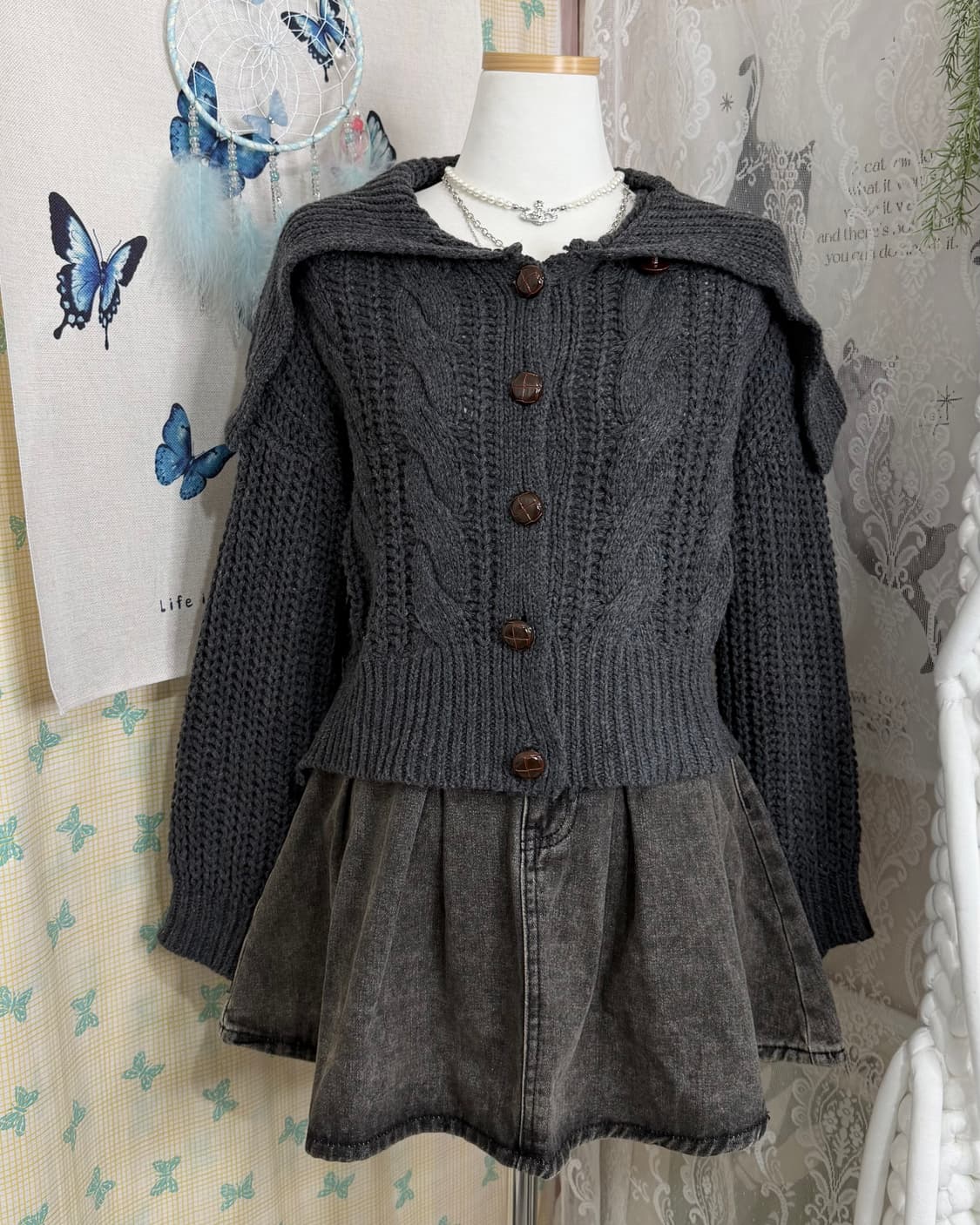 차콜 그레이 꽈배기 빅 카라 가디건 상품이미지6