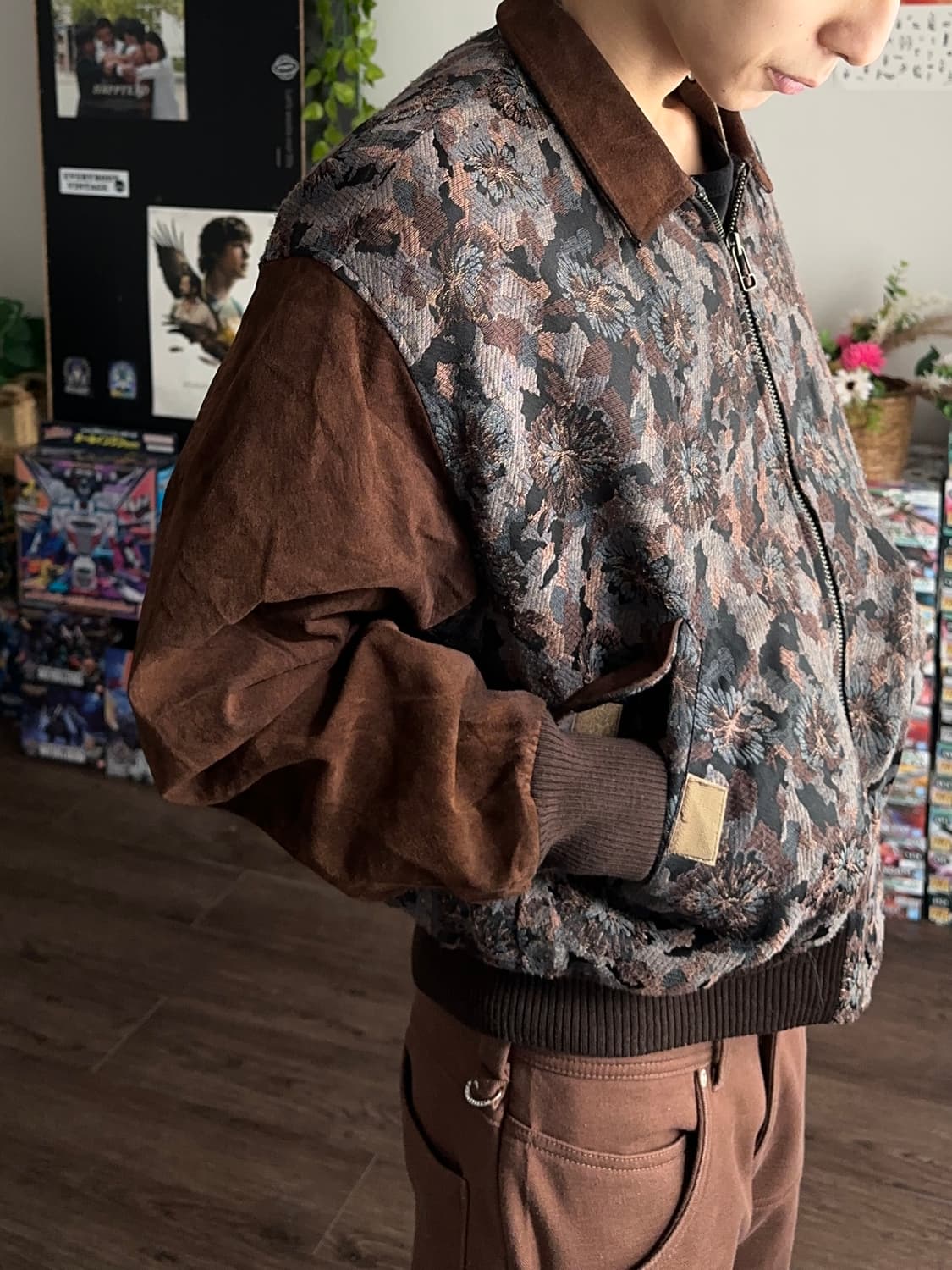 플로럴 레이스 디테일 레더 봄버 상품이미지1