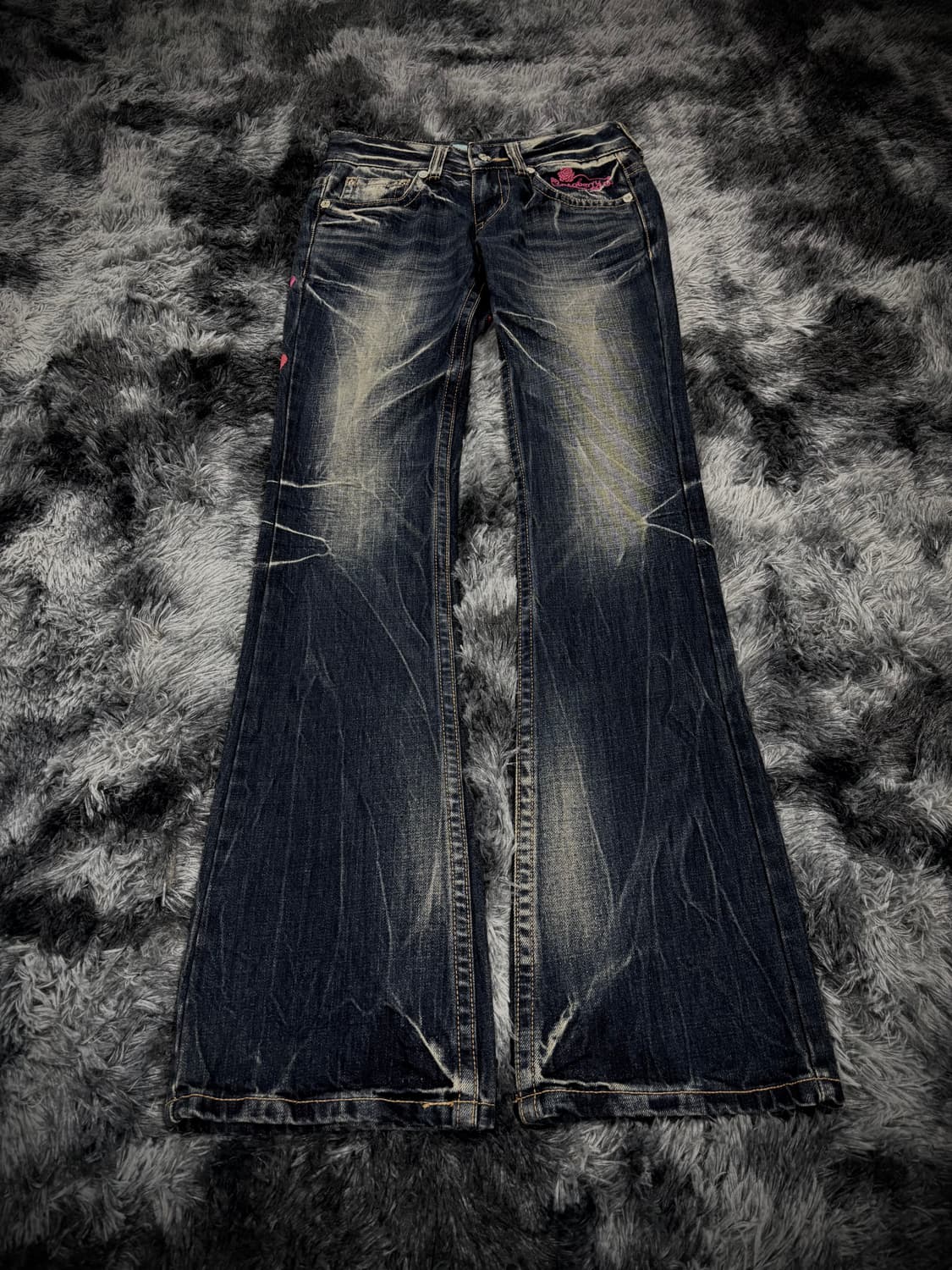 핑크 스컬 플라워 패치 부츠컷 워싱 데님팬츠 상품이미지2