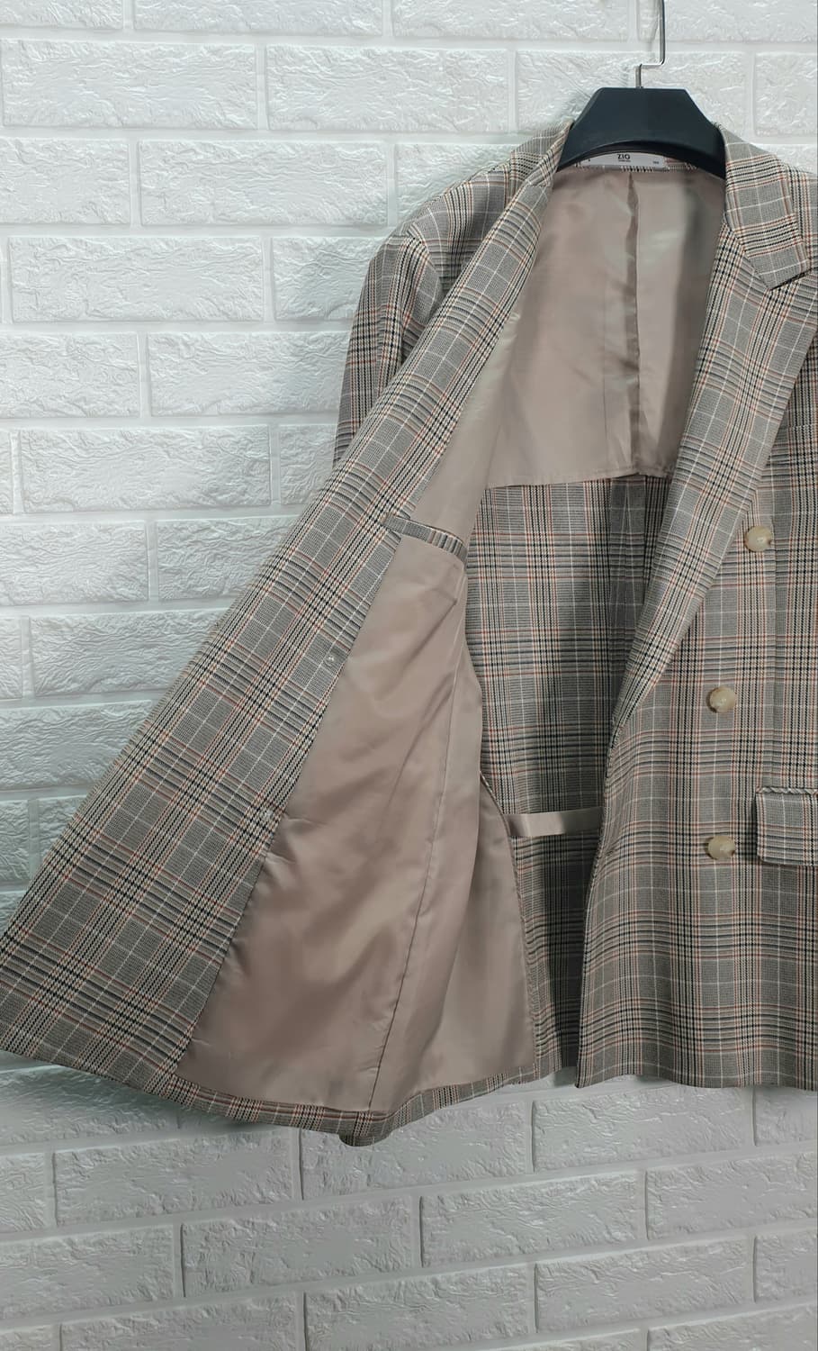 [100]지오송지오 베이지 체크 레귤러핏 더블 자켓 상품이미지4