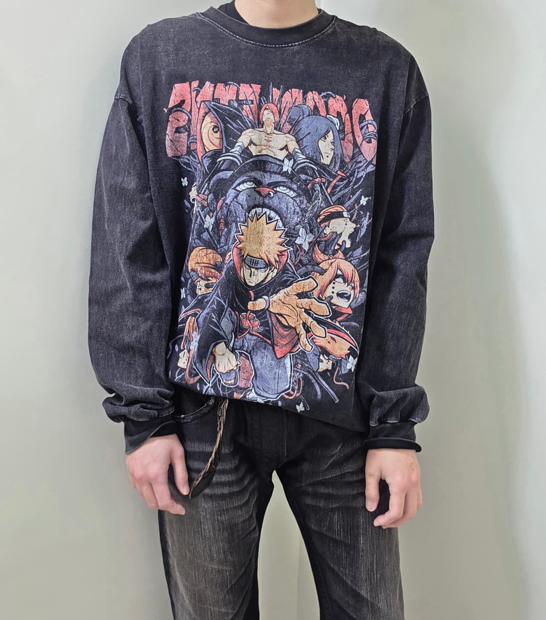 LIANGXILIN 블랙 원워싱 프린트 롱 슬리브 티셔츠 상품이미지2