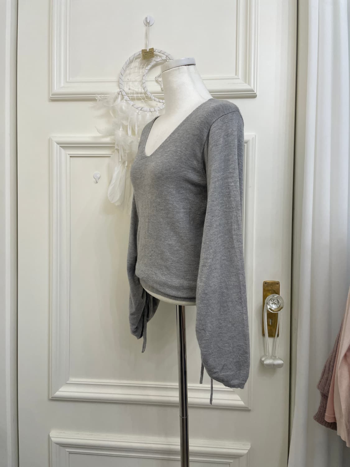 gray glitter shirring sleeve soft knit t 상품이미지2