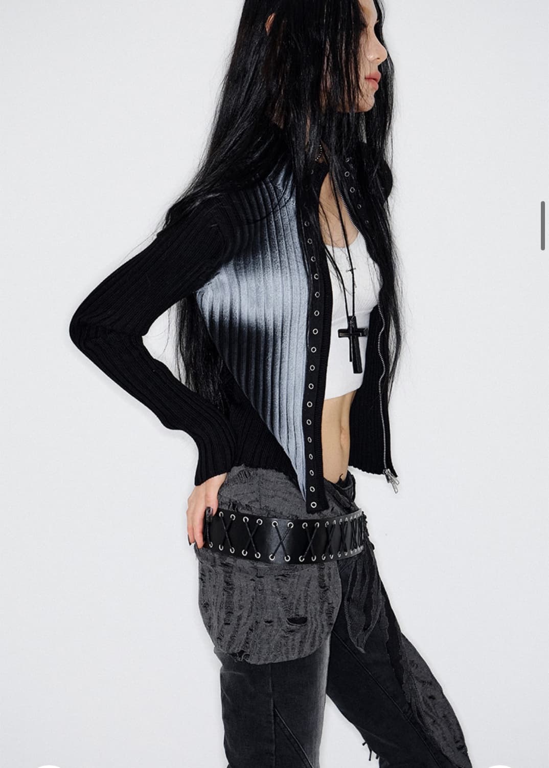 Cross Damaged Knit Zip Up (BLACK) 상품이미지3