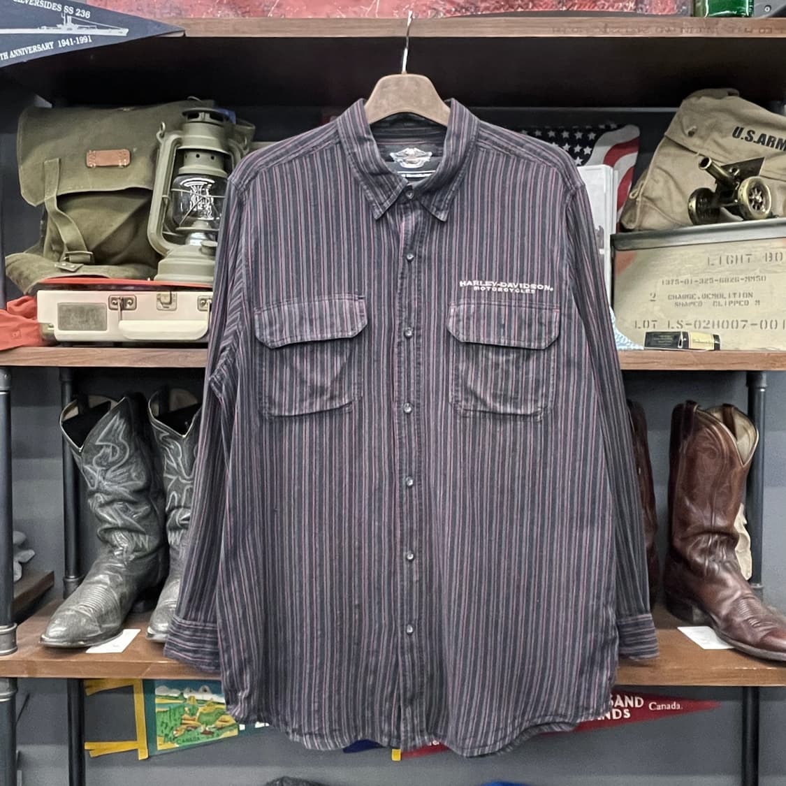 00s 할리데이비슨 모터 사이클 스트라이프 셔츠 상품이미지1