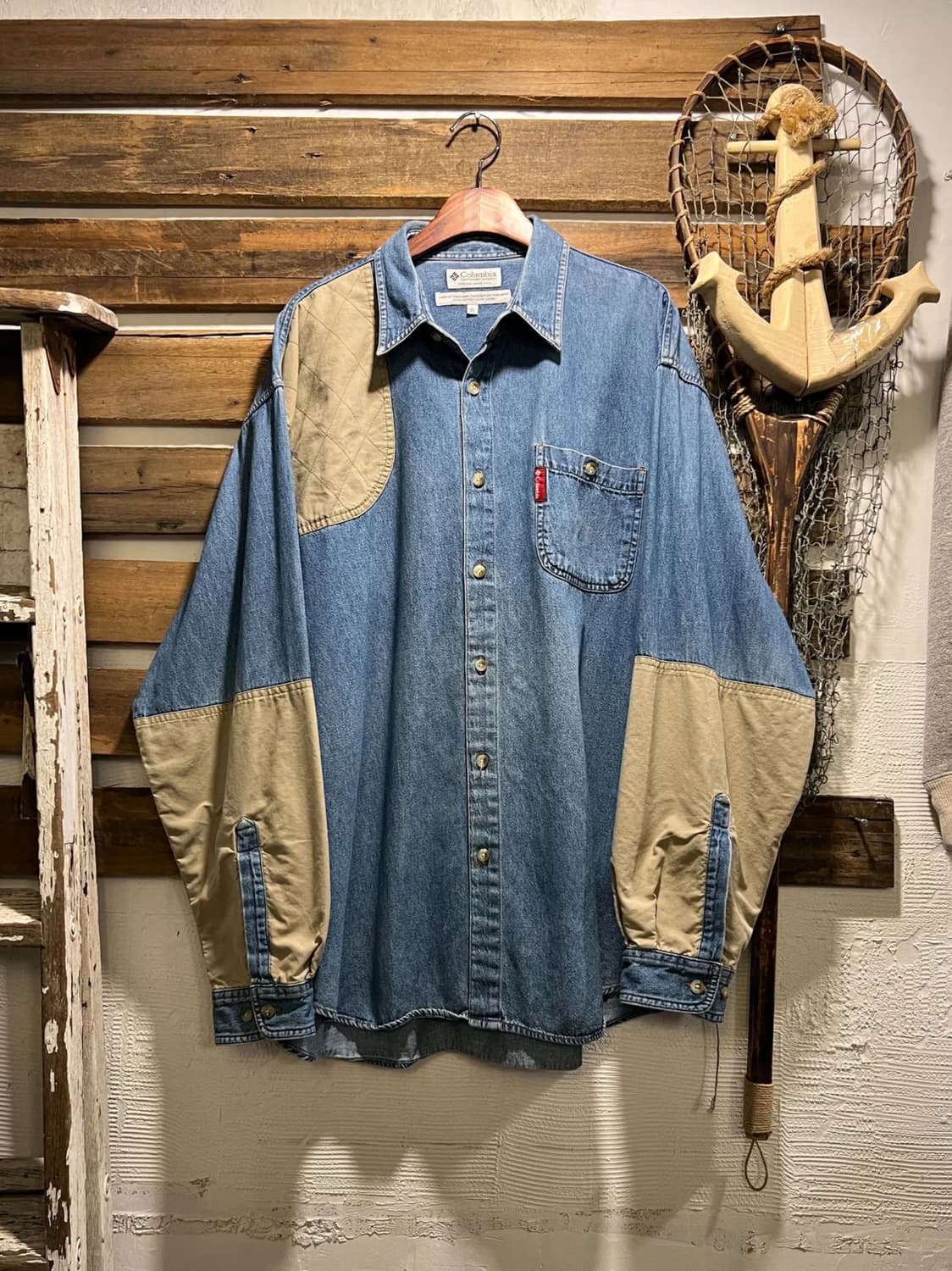 [XL]90's 컬럼비아 USA 건패치 데님 헌팅 셔츠 상품이미지1