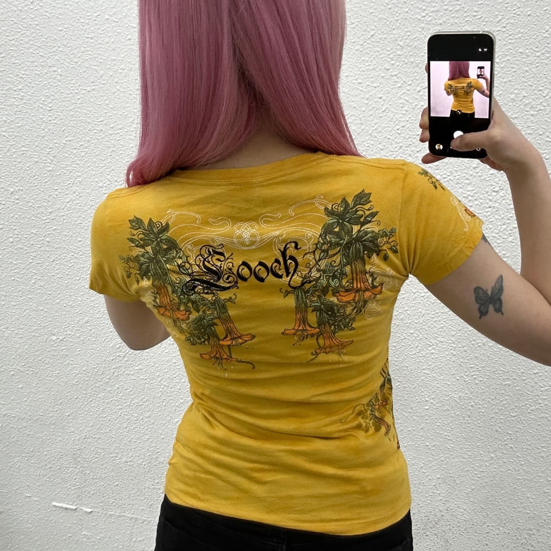 00s USA 오리엔탈 프린팅 머스타드 브이 반팔 S 상품이미지2