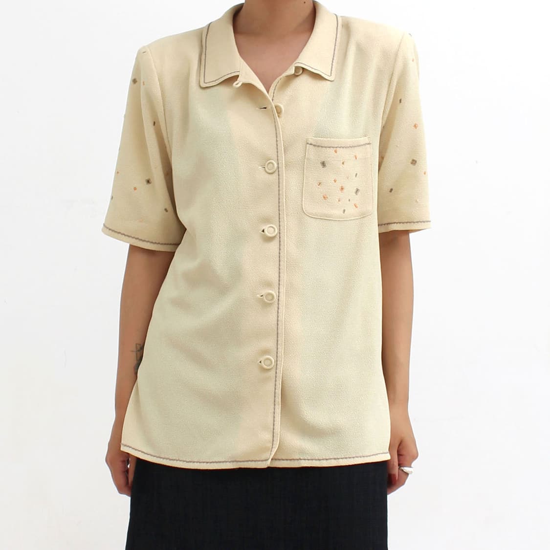 일본빈티지 옐로우 스티치 자수 반팔 블라우스 상품이미지7