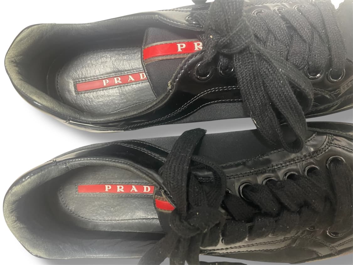 275~280) 프라다 유광 레더 나일론 스니커즈 신발 블랙 상품이미지4