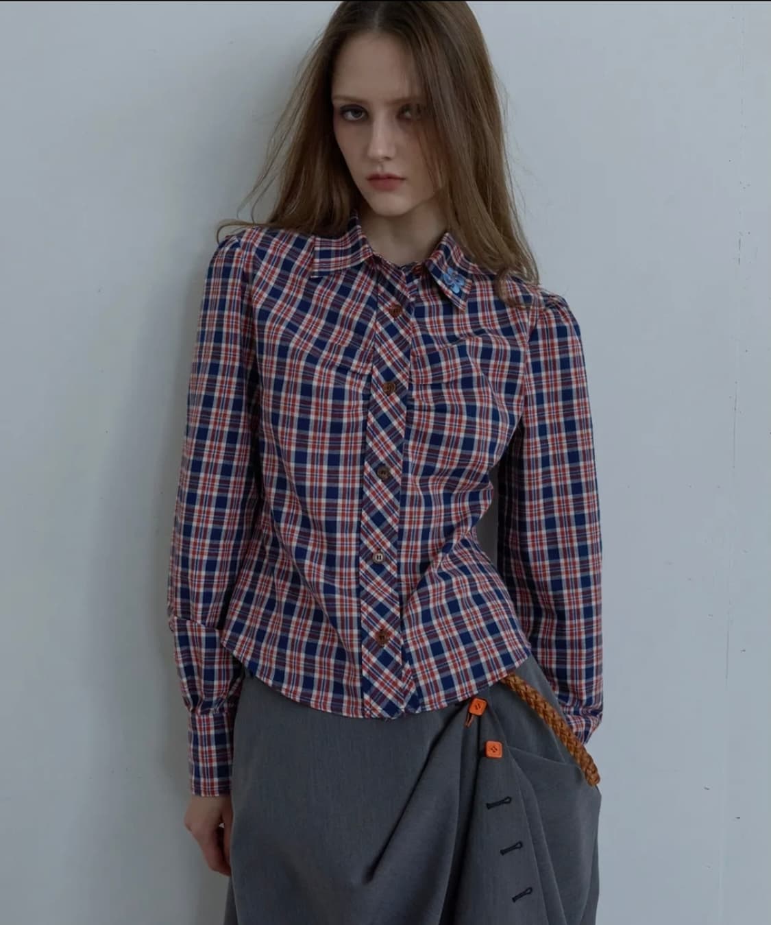 해레틱 체크 셔츠 BACK CURVE CHECK PUFF SHIRT  상품이미지1
