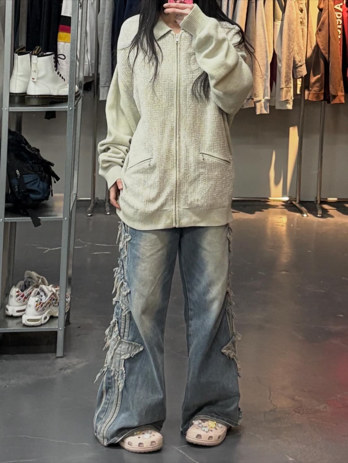 디스이즈네버댓 벨벳 니트 지퍼 폴로 아이보리 A3241 상품이미지1