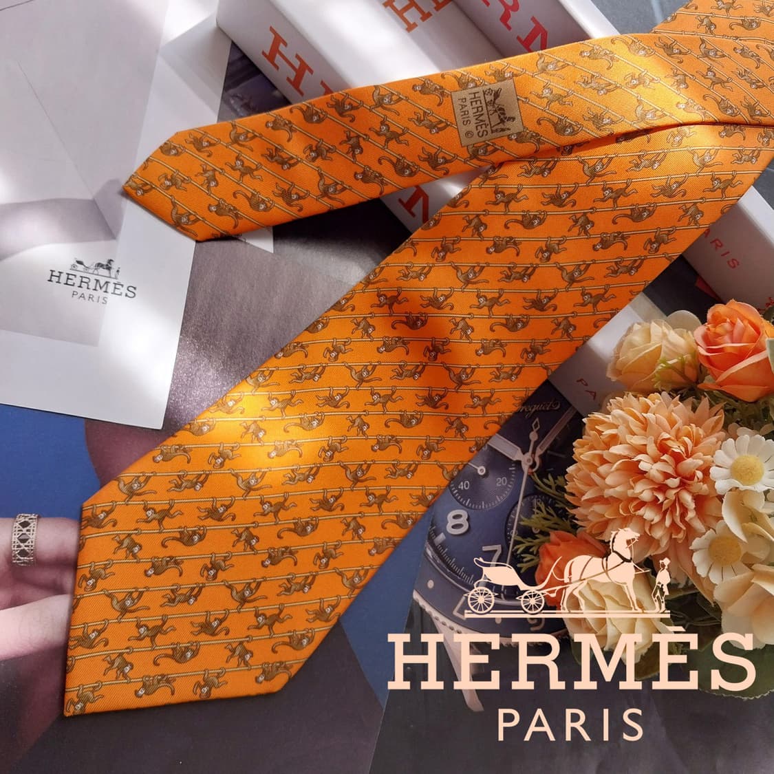 에르메스 오렌지 원숭이 모티브 넥타이 9.5cm A+등급 K2592 상품이미지1