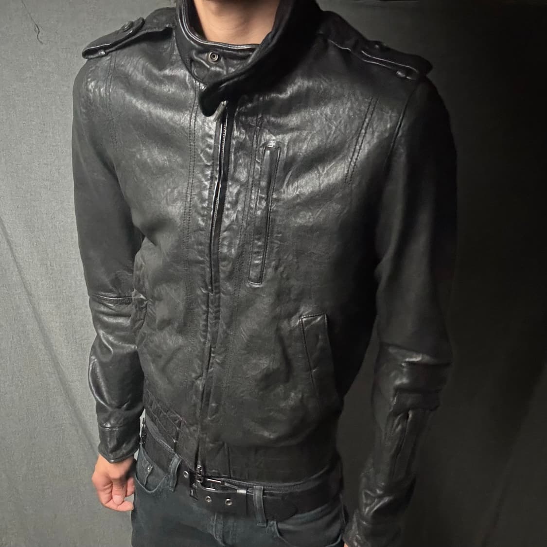 high neck lamb skin leather jacket 상품이미지2