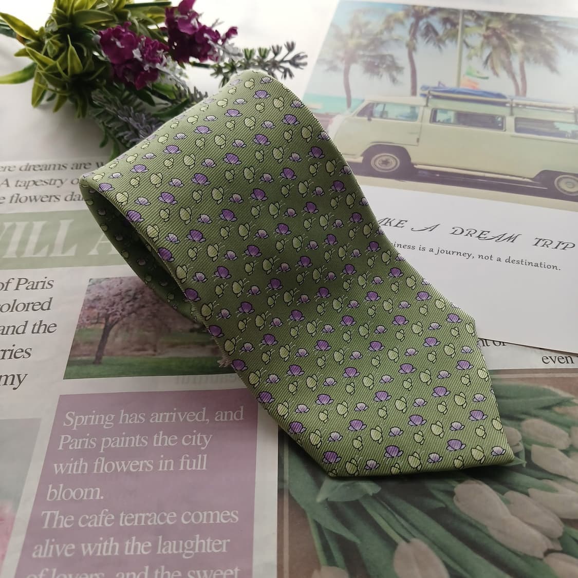 루이까또즈 실크 그린 플로럴 패턴 넥타이 8.6cm A+등급 A18752 상품이미지2