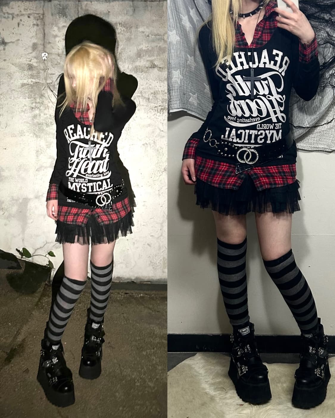 red check pattern layered punk top 상품이미지1