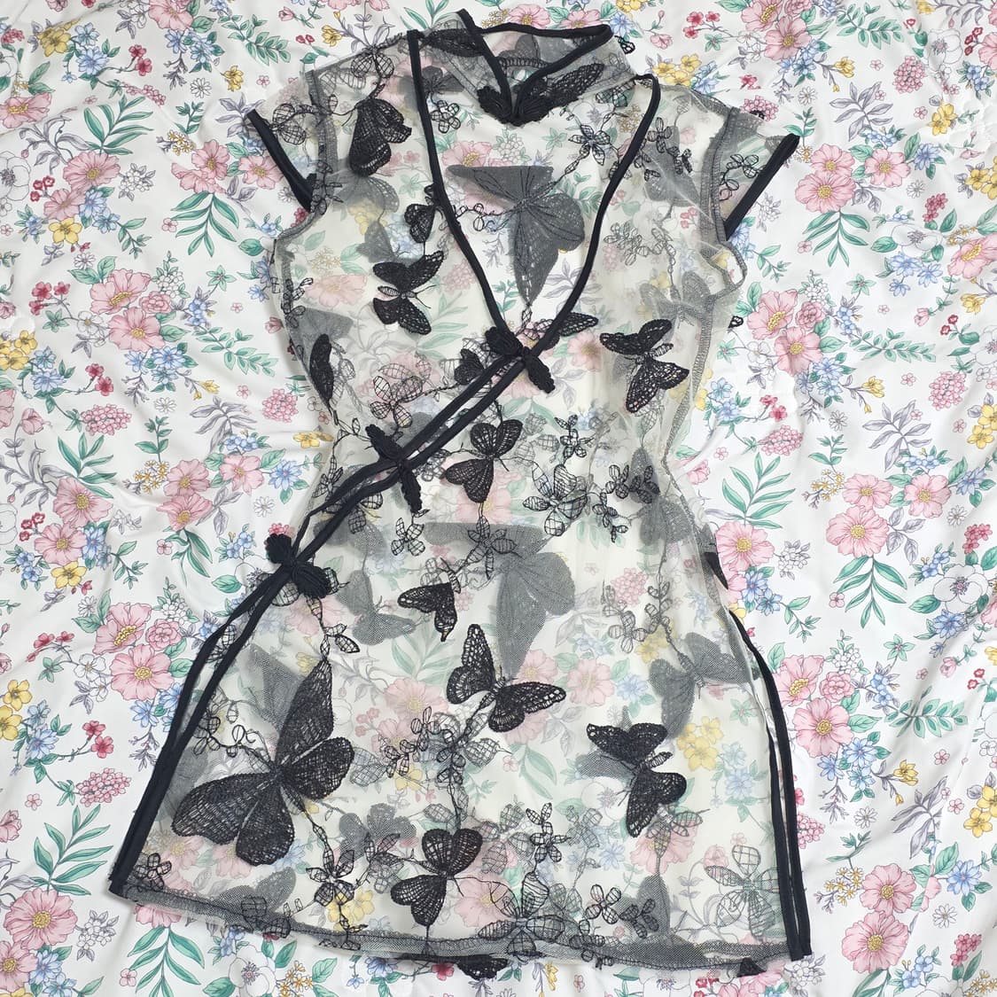 빈티지)블랙시스루 나비자수 오네갸루 오리엔탈 레이어드 차이나중국풍원피스 상품이미지1