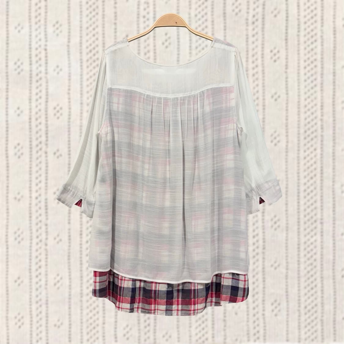 MAMAIKUKO 일본 빈티지 체크 레이어드 화이트 7부 블라우스 상품이미지2