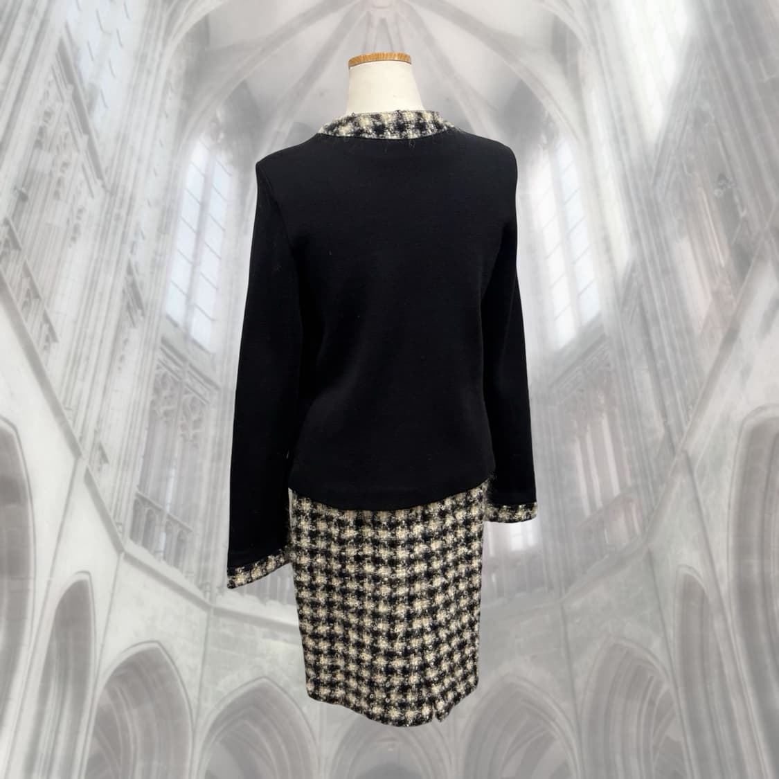 일본 빈티지 울100 클래식 금장 블랙 트위드 셋업 상품이미지6