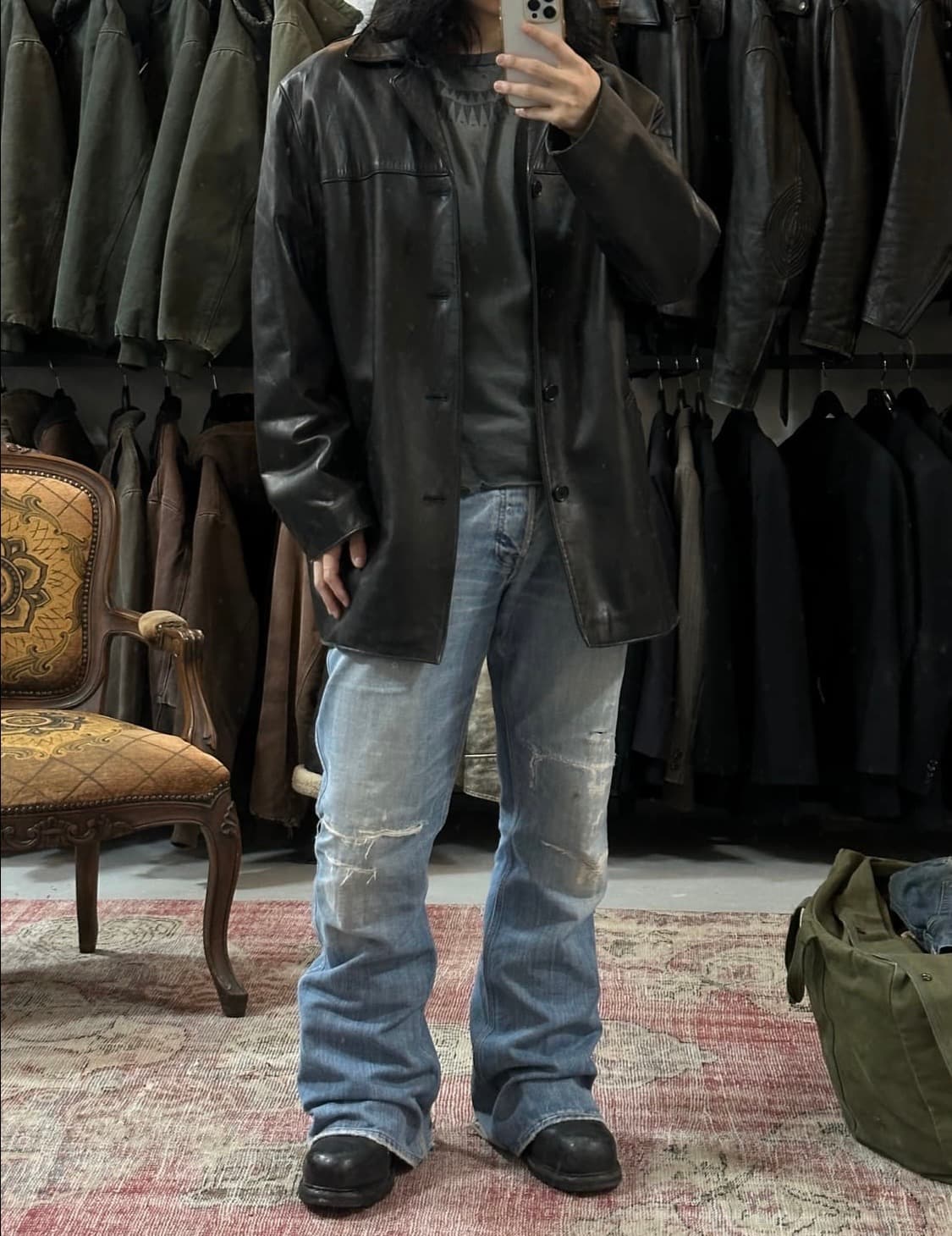 L)90‘s USA made  골든베어 레더 코트 오버사이즈 코트 카코트 상품이미지2