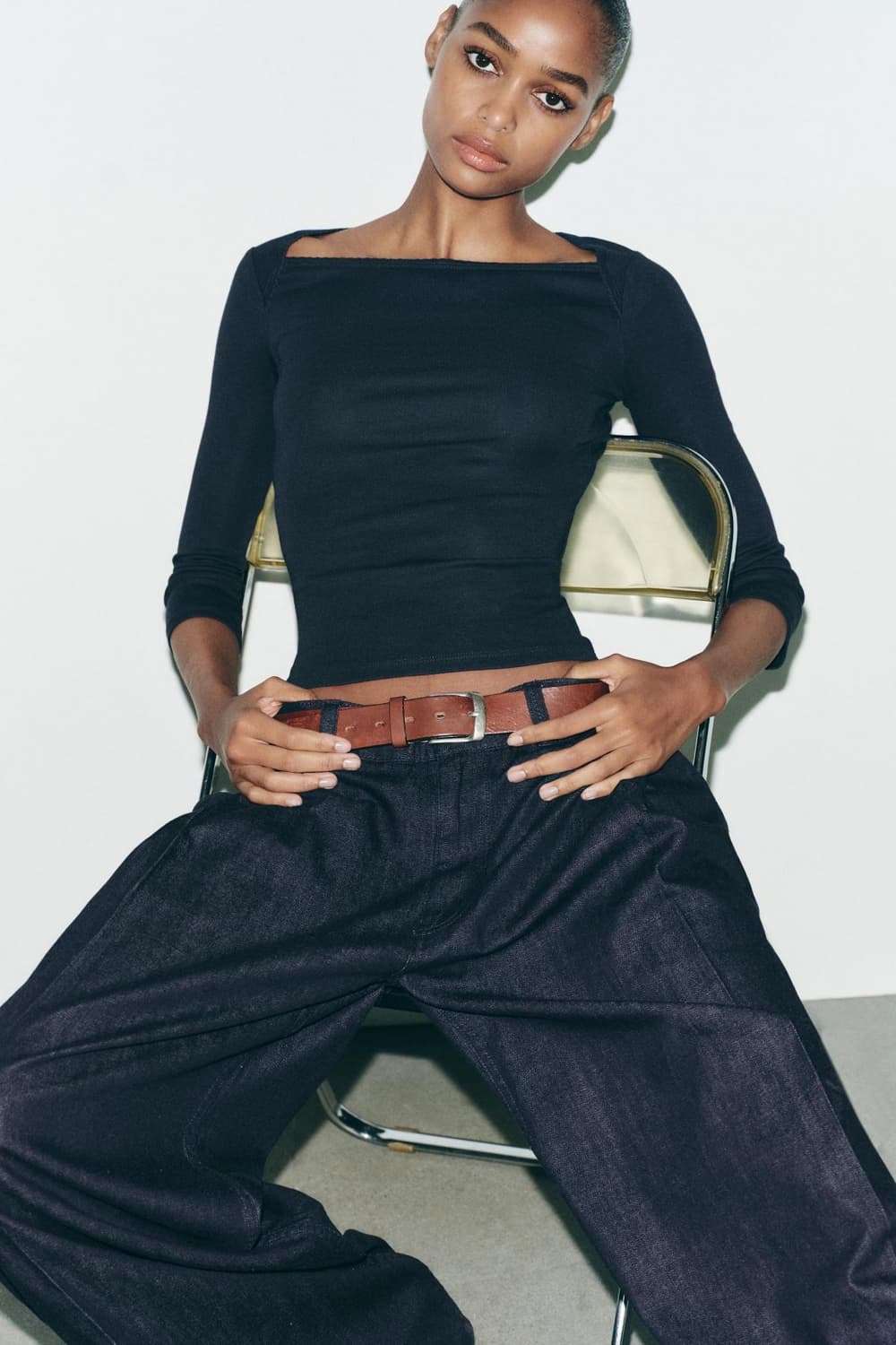 ZARA 자라 모달코튼 스퀘어넥 긴팔 티셔츠 네이비  상품이미지3