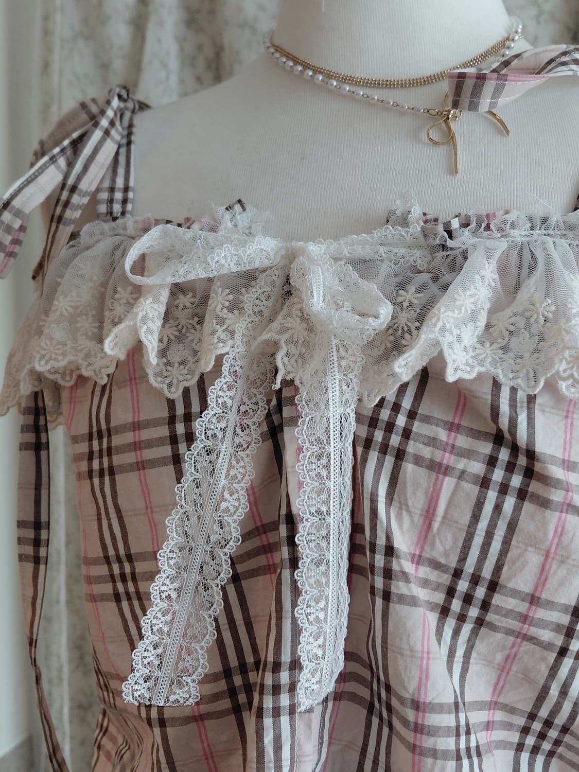 [리폼] 핑크 체크 레이스 블라우스 탑 상품이미지3