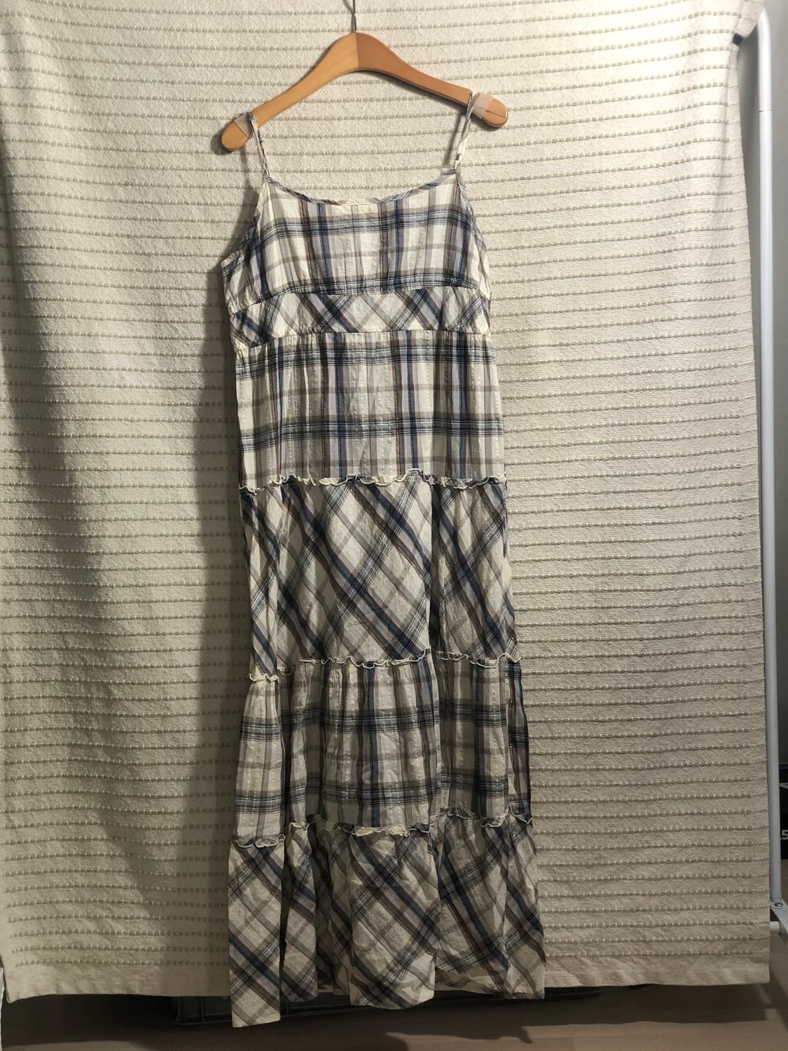 빈티지 화이트 블루 체크 패턴 코튼 미디엄 기장 모리걸 원피스 상품이미지3