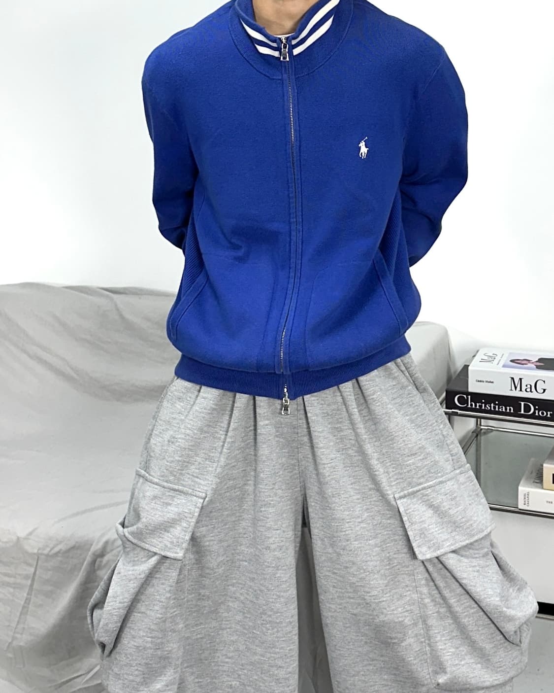 폴로 랄프로렌 블루 화이트 포니 니트 집업 XL 상품이미지2