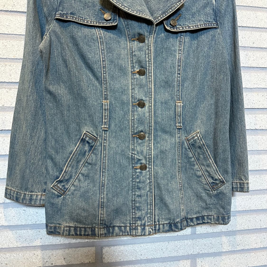 JPN VINTAGE 데님 하프 코트자켓 5버튼 라펠 디테일 라이트워싱 상품이미지4