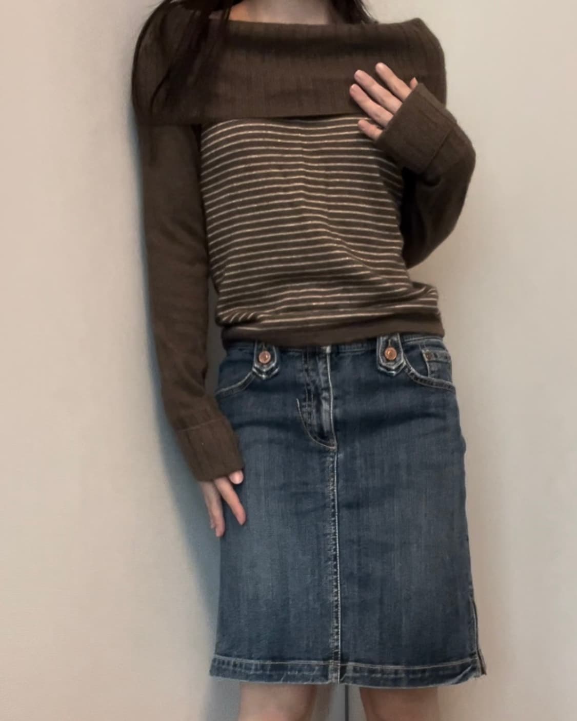 brown stripe off shoulder two way knit 상품이미지2