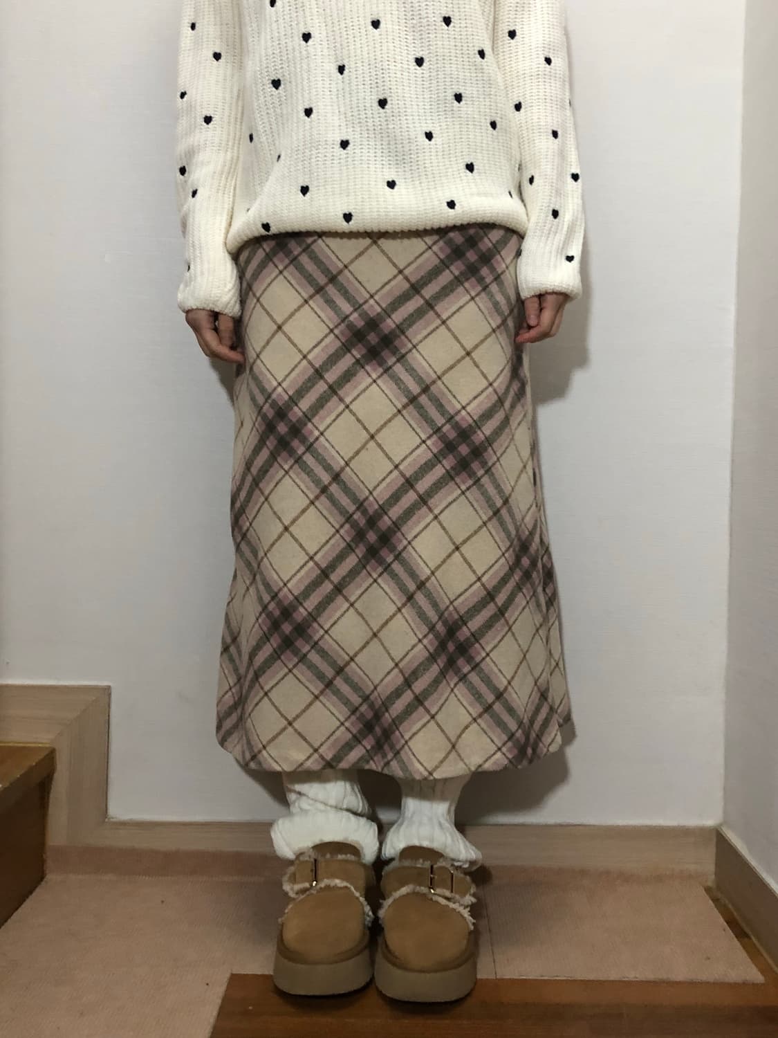 빈티지 화이트 핑크 울 롱 스커트 상품이미지1